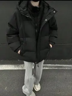 ダウンジャケット　ブラック 厚手中綿ジャケット フード付き　2XL