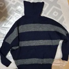 ネイビー グレー ストライプ タートルネックニット