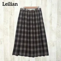 レリアン ひざ丈プリーツスカート 9 茶色 チェック 起毛 ウール100% 上品