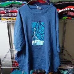 90sヴィンテージXLメンズ古着オーストラリア製アート青ブルーtシャツ海外直輸入