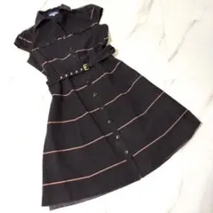 BURBERRY バーバリー 黒 ボーダー 半袖ワンピース ベルト付 M