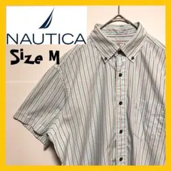 NAUTICA ノーティカ 半袖BDシャツ 刺繍ロゴ ストライプ 古着 M