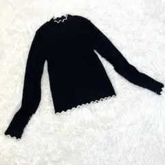 ヘルシーカレン ニット 黒 白ライン M リブ フリル 上品 大人可愛い 長袖