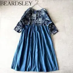 極美品✨️ビアズリー ジャガード ギャザーデニムワンピース フリー ブルー系