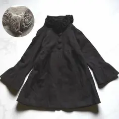 大きめ ルネ デリ ビック フリル袖 ウール ロング コート L 花 黒 軽量