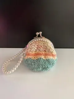 ハンドメイド かぎ編み がま口 裏布付き パール　シルバー