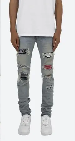 mnml ライトブルーダメージデニムスキニーパンツ