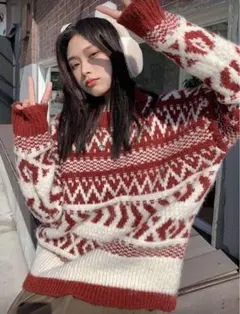 レディース ニット セーター クリスマス 赤 白