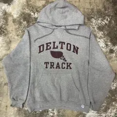 00s RUSSELラッセル カレッジ3段プリント スウェットパーカー グレーM