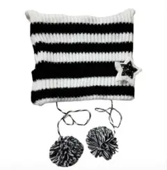 猫耳 ニット帽 黒白 ボーダー ポンポンY2K 地雷系 量産型 韓国 完売品