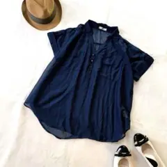 レディース　シャツ　半袖　シースルー　紺色　ゆったり　ゆるダボ