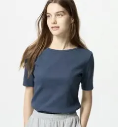 ユニクロ リブボートネックT 5分袖 ブルー XS