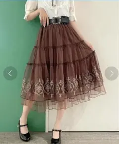 axes femme ローズ刺繍チュールスカート(茶)のサムネイル