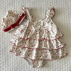 いちご柄 フリルキッズ ワンピース 水着セット キャップ付 120 女の子