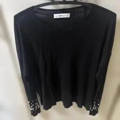 ZARA ブラックニット L パール装飾