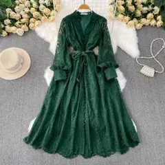 グリーンワンピース レース ロング レディース 長袖 S ML2L3Lオーバー