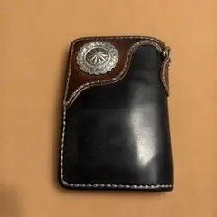 インディアンコンチョ❗️黒本革MiddleLeatherWalletフラップ全縫