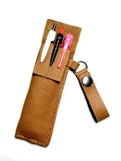 ハンドメイド　本革　ペンケース　ストラップ付　　キャメルブラウン