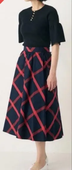 ANAYI ネイビー レッド チェック フレアスカート