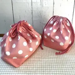 ピンクと白の水玉模様のお弁当袋　コップ袋２点セット