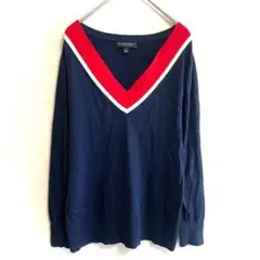 バナナリパブリック セーター(M相当)カシミヤ シルク 配色 Vネック ネイビー