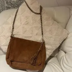 ブラウン スエード ショルダーバッグ フリンジ付き
