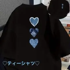 【一点限り】ブルー　デニムハート柄 半袖Tシャツ ブラック レディースのサムネイル
