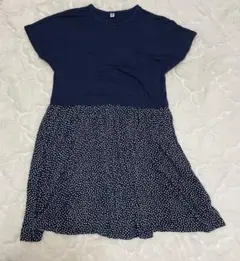 キッズユニクロネイビー 半袖 ワンピース ドット柄　150