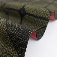 十日町紬 正絹 モスグリーン 格子柄に菱形 広衿 袷 着物 翼-431