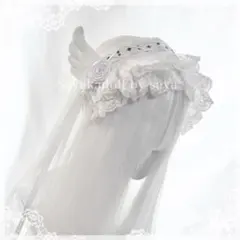 ♡ 天使の羽 薔薇付き ボンネット風フリルリボンヘッドドレス white ♡