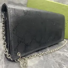 美品✨グッチ　長財布　折り財布　インプリメ　チェーン　レザー　GG柄　ブラック
