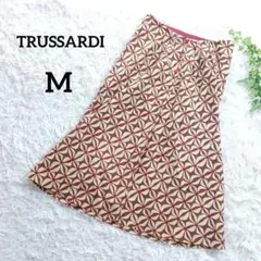 トラサルディ　麻混　総柄ロングスカート　フレア　ミモレ丈　M　ブラウン系221