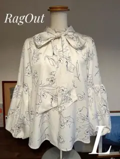 【美品】ラグアウト　ボウタイ長袖ブラウス　紺ライン草花総柄　L 2WAY