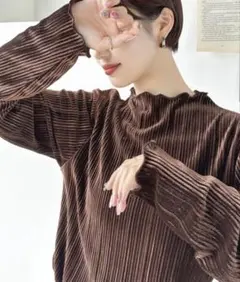 上品な艶感 プリーツメローハイネックベロアトップス