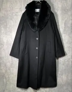高級 カシミヤ 100％ ブルーフォックスファー ロングコート 黒 3L