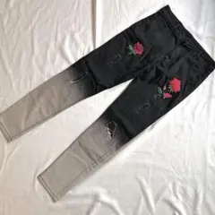 バラ刺繍 ブラックデニム レディース ストレッチ スキニー