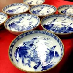 九谷焼　古九谷　山水画　金縁　豆皿　小皿　なます皿　4寸皿8客セット