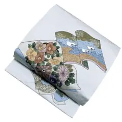 ユ215名古屋帯 博多織単帯巻物や草花 落款 正絹 着物帯　仕立て上り美品