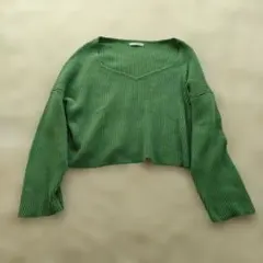 ジーナシス　スクエアVネック　リブニット厚手セーター　プルオーバー　グリーン　F