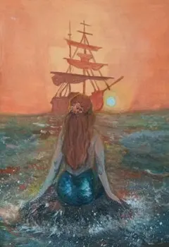 水彩画　アナログイラスト　手描きイラスト　原画　人魚