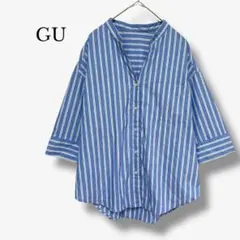 【GU】ワイドスリーブシャツ ストラップ柄 七分袖 バンドカラー 背中タック S