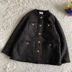 美品　PLST プラステ ツイードノーカラージャケット　ネイビー