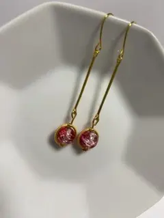 色変更OK！ピンクと赤とクリスタル ロングフックピアス ハンドメイド