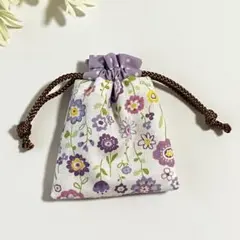 ハンドメイド　ミニ巾着　花柄　パープル　内布つき