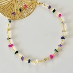 マルチカラー　天然石　チェコビーズ　ネックレス　金属アレルギー対応