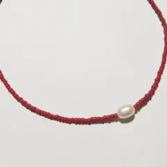 大きめ一粒淡水パール×レッドチョーカー　シルバー金具　ビーズネックレス韓国