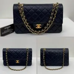 CHANEL マトラッセ25 ダブルフラップ ネイビー ゴールドラムスキン