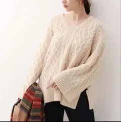 SLOBE IENA アラン編みVネックニット ケーブルセーター ベージュ