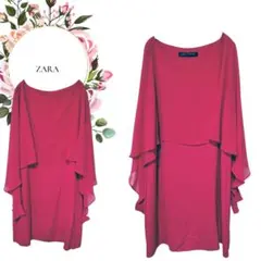 【ザラ】ZARAノースリーブフレアスリーブワンピース【L】ピンク系♡結婚式2次会
