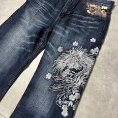 美品◆鳳凰 桜 和柄 花柄 刺繍 デニムパンツvintage ROVERTRY